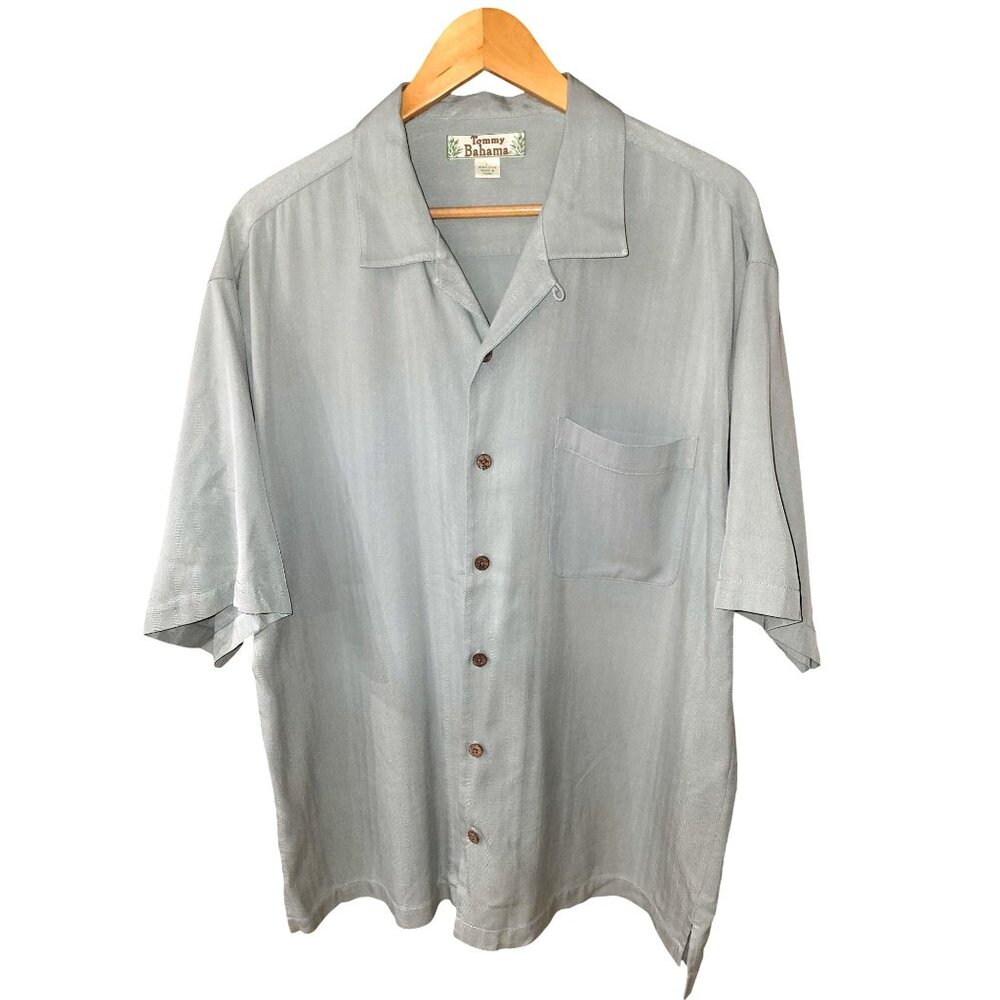 Tommy Bahama Mens Light Blue 100% Silk Short Sleeve Button-Up Shirt Size L